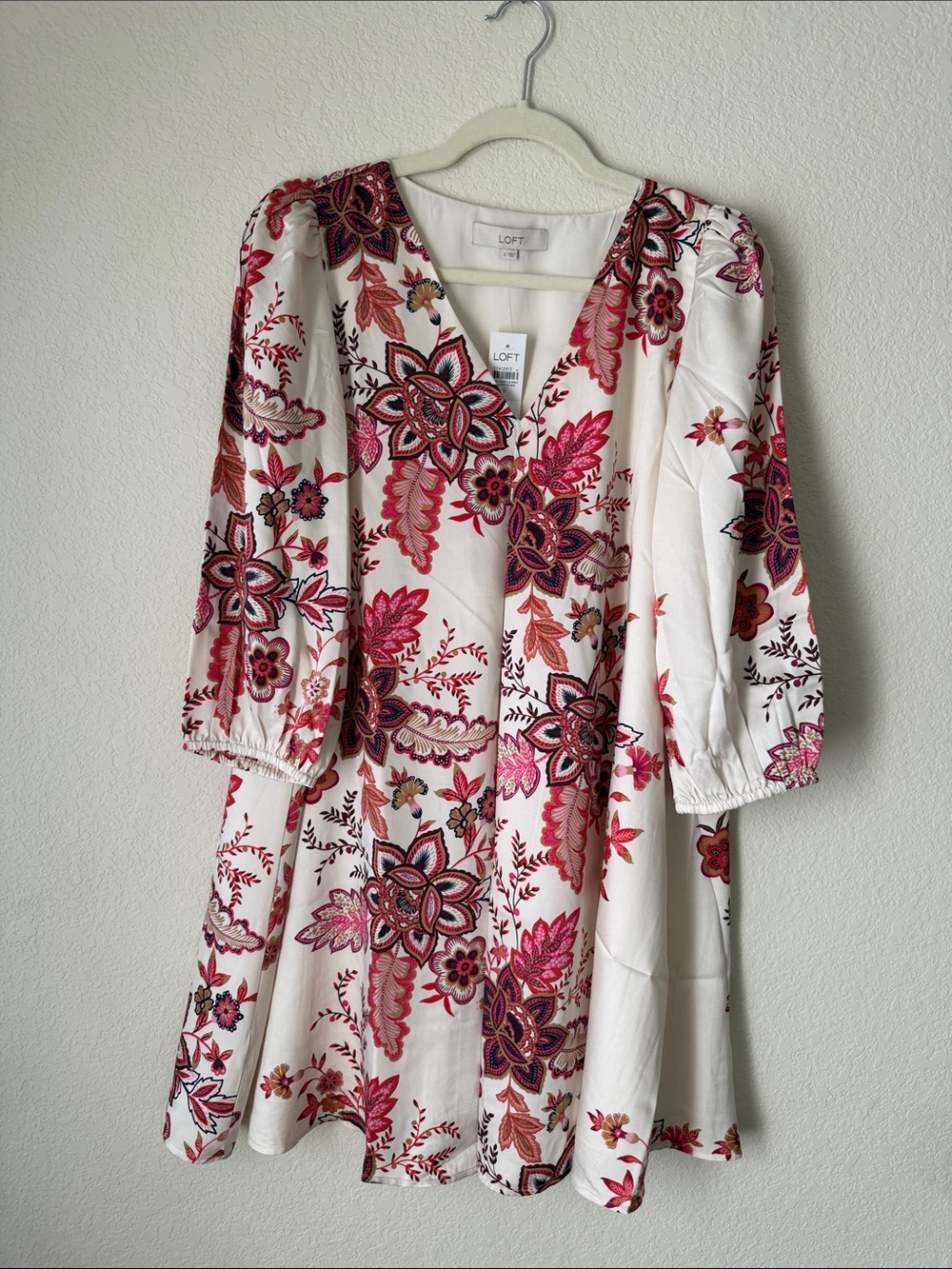 LOFT White Mini Dress with Pink & Red Floral Motif